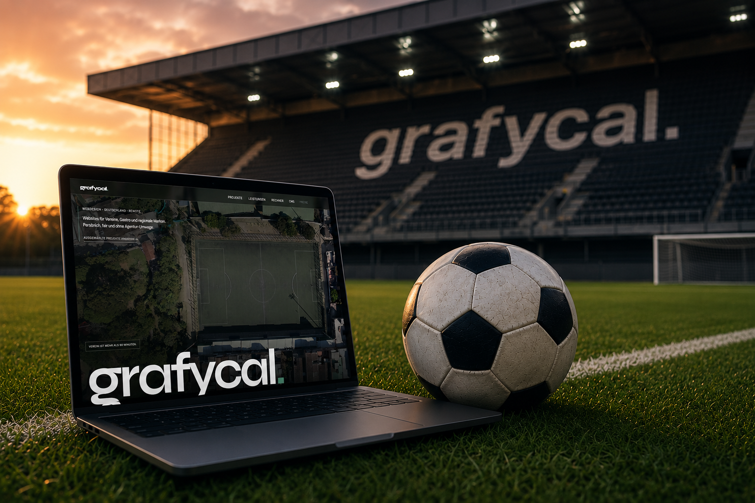 Laptop mit grafycal.-Website und Fußball in einem Stadion